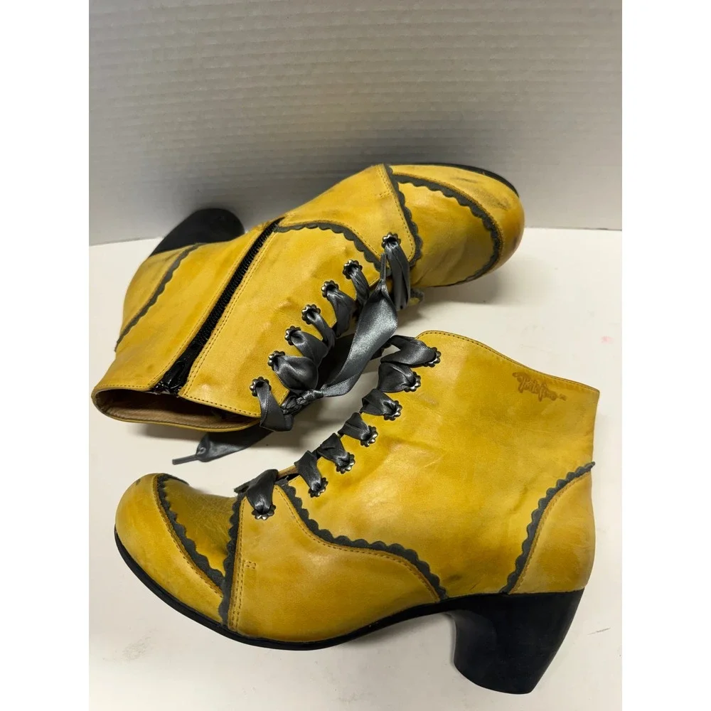 Pikolinos Yellow Leather Scalloped Ribbon Lace Up Ankle Boots Size 39 8.5